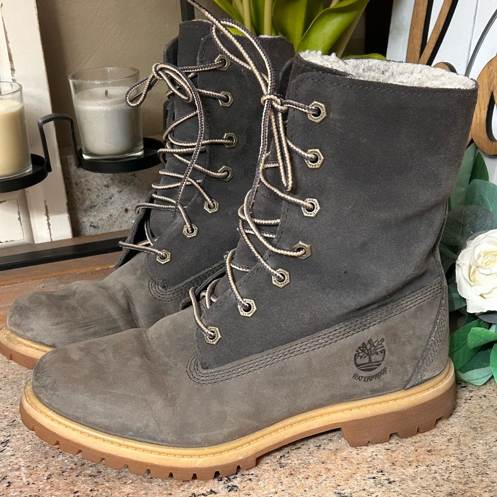 Timberland Teddy Fleece Waterproof Gray Combat Lace up Boots
